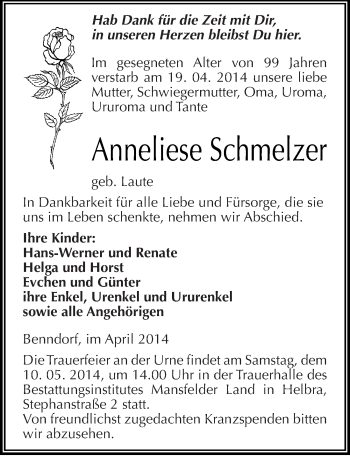 Traueranzeige von Anneliese Schmelzer von Mitteldeutsche Zeitung Mansfelder Land