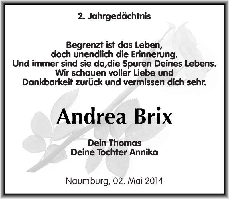  Traueranzeige für Andrea Brix vom 03.05.2014 aus Mitteldeutsche Zeitung Naumburg/Nebra