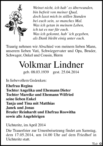 Traueranzeige von Volkmar Lindner von Mitteldeutsche Zeitung Weißenfels