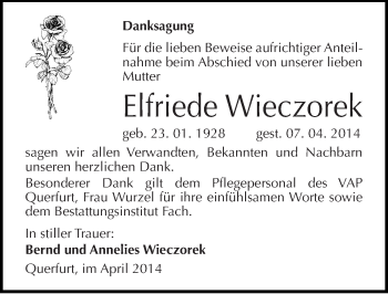 Traueranzeige von Elfriede Wieczorek von Mitteldeutsche Zeitung Merseburg/Querfurt