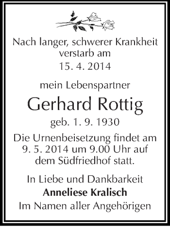Traueranzeige von Gerhard Rottig von Mitteldeutsche Zeitung Halle/Saalkreis