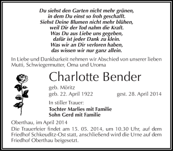 Traueranzeige von Charlotte Bender von Mitteldeutsche Zeitung Merseburg/Querfurt