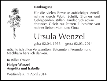 Traueranzeige von Ursula Wenzel von Mitteldeutsche Zeitung Weißenfels