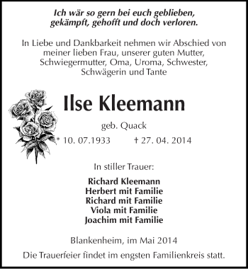Traueranzeige von Ilse Kleemann von Mitteldeutsche Zeitung Sangerhausen