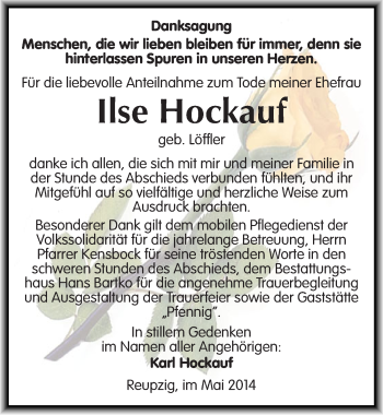 Traueranzeige von Ilse Hockauf von Mitteldeutsche Zeitung Köthen