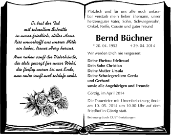 Traueranzeige von Bernd Büchner von Mitteldeutsche Zeitung Köthen