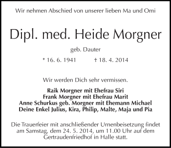 Traueranzeige von Heide Morgner von Mitteldeutsche Zeitung Halle/Saalkreis