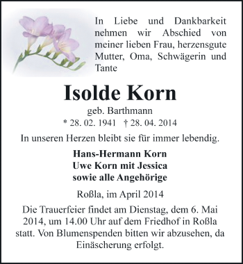 Traueranzeige von Isolde Korn von Mitteldeutsche Zeitung Sangerhausen