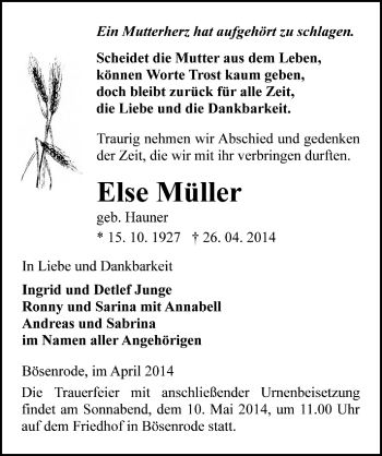 Traueranzeige von Else Müller von Mitteldeutsche Zeitung Sangerhausen