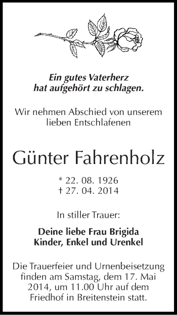 Traueranzeige von Günter Fahrenholz von Mitteldeutsche Zeitung Sangerhausen