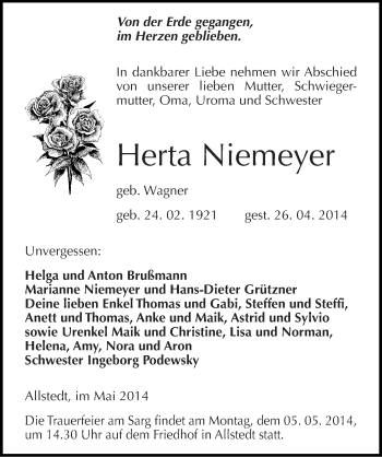 Traueranzeige von Herta Niemeyer von Mitteldeutsche Zeitung Sangerhausen