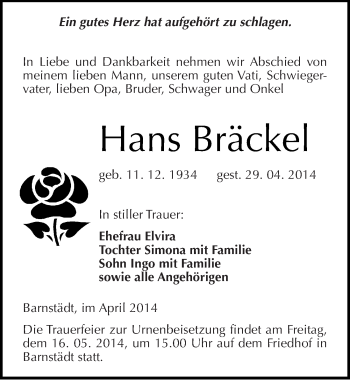 Traueranzeige von Hans Bräckel von Mitteldeutsche Zeitung Merseburg/Querfurt