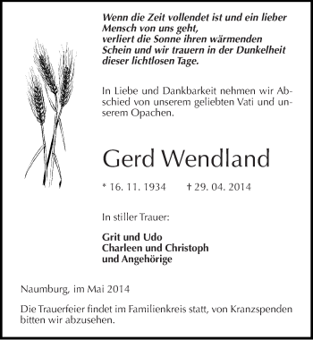 Traueranzeige von Gerd Wendland von Mitteldeutsche Zeitung Naumburg/Nebra
