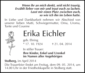 Traueranzeige von Erika Eichler von Mitteldeutsche Zeitung Sangerhausen