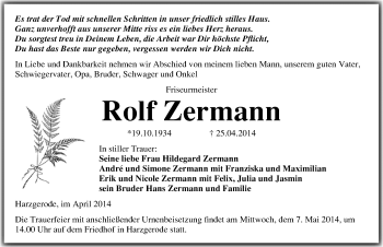 Traueranzeige von Rolf Zermann von Mitteldeutsche Zeitung Quedlinburg
