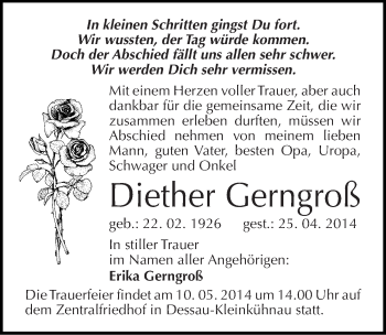 Traueranzeige von Diether Gerngroß von Mitteldeutsche Zeitung Dessau-Roßlau