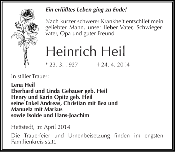 Traueranzeige von Heinrich Heil von Mitteldeutsche Zeitung Mansfelder Land