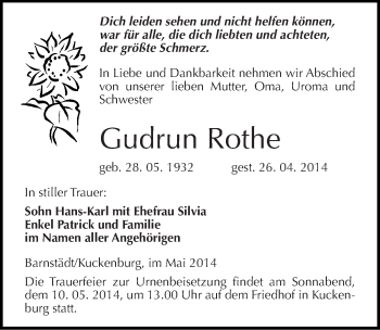 Traueranzeige von Gudrun Rothe von Mitteldeutsche Zeitung Merseburg/Querfurt