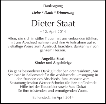 Traueranzeige von Dieter Staat von Mitteldeutsche Zeitung Quedlinburg