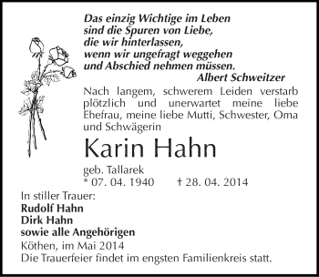 Traueranzeige von Karin Hahn von Mitteldeutsche Zeitung Köthen