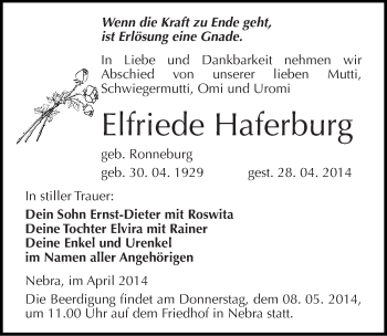 Traueranzeige von Elfriede Haferburg von Mitteldeutsche Zeitung Naumburg/Nebra