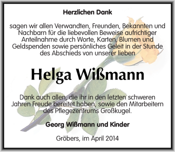 Traueranzeige von Helga Wißmann von Mitteldeutsche Zeitung Halle/Saalkreis