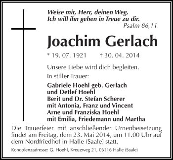 Traueranzeige von Joachim Gerlach von Mitteldeutsche Zeitung Halle/Saalkreis