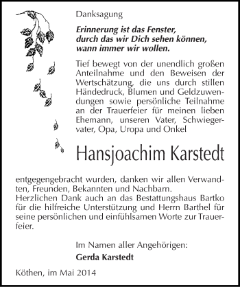 Traueranzeige von Hansjoachim Karstedt von Mitteldeutsche Zeitung Köthen