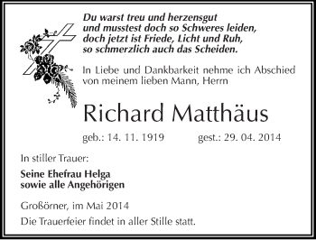 Traueranzeige von Richard Matthäus von Mitteldeutsche Zeitung Mansfelder Land