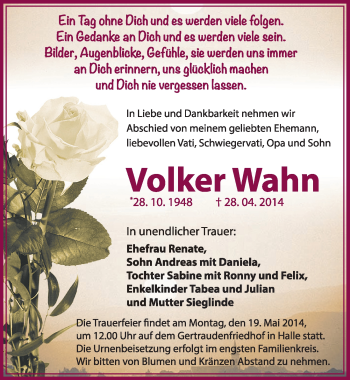 Traueranzeige von Volker Wahn von Mitteldeutsche Zeitung Halle/Saalkreis
