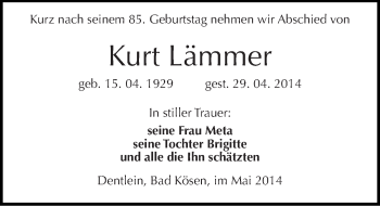 Traueranzeige von Kurt Lämmer von Mitteldeutsche Zeitung Naumburg/Nebra
