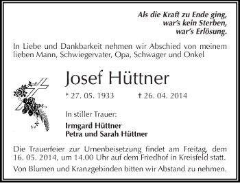 Traueranzeige von Josef Hüttner von Mitteldeutsche Zeitung Mansfelder Land