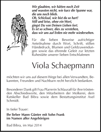 Traueranzeige von Viola Schaepmann von Mitteldeutsche Zeitung Naumburg/Nebra