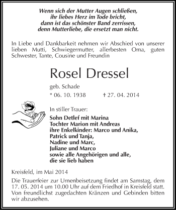 Traueranzeige von Rosel Dressel von Mitteldeutsche Zeitung Mansfelder Land