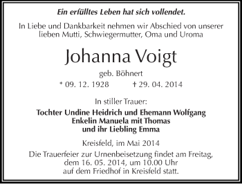 Traueranzeige von Johanna Voigt von Mitteldeutsche Zeitung Mansfelder Land