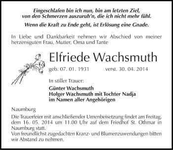 Traueranzeige von Elfriede Wachsmuth von Mitteldeutsche Zeitung Naumburg/Nebra