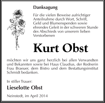 Traueranzeige von Kurt Obst von Mitteldeutsche Zeitung Quedlinburg