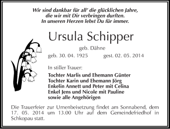 Traueranzeige von Ursula Schipper von Mitteldeutsche Zeitung Merseburg/Querfurt