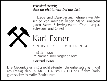Traueranzeige von Karl Exner von Mitteldeutsche Zeitung Halle/Saalkreis