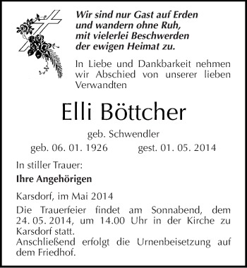 Traueranzeige von Elli Böttcher von Mitteldeutsche Zeitung Naumburg/Nebra