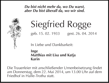 Traueranzeige von Siegfried Rogge von Mitteldeutsche Zeitung Halle/Saalkreis