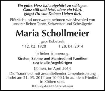Traueranzeige von Maria Schollmeier von Mitteldeutsche Zeitung Köthen