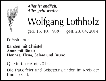 Traueranzeige von Wolfgang Lothholz von Mitteldeutsche Zeitung Merseburg/Querfurt