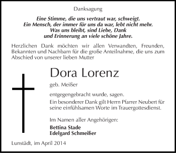 Traueranzeige von Dora Lorenz von Mitteldeutsche Zeitung Merseburg/Querfurt