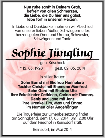 Traueranzeige von Sophie Jüngling von Mitteldeutsche Zeitung Naumburg/Nebra