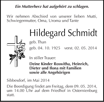 Traueranzeige von Hildegard Schmidt von Mitteldeutsche Zeitung Köthen