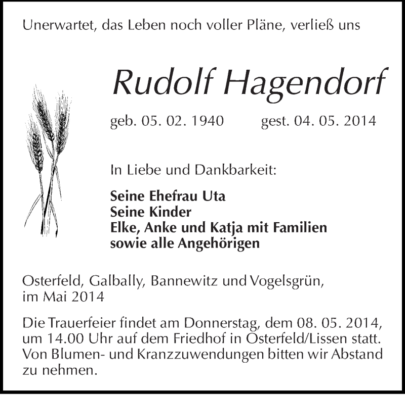  Traueranzeige für Rudolf Hagendorf vom 06.05.2014 aus Mitteldeutsche Zeitung Zeitz