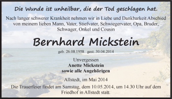 Traueranzeige von Bernhard Mickstein von Mitteldeutsche Zeitung Sangerhausen