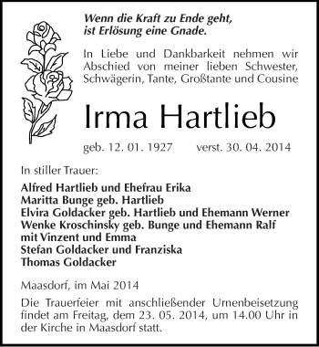 Traueranzeige von Irma Hartlieb von Mitteldeutsche Zeitung Köthen