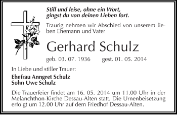 Traueranzeige von Gerhard Schulz von Mitteldeutsche Zeitung Dessau-Roßlau